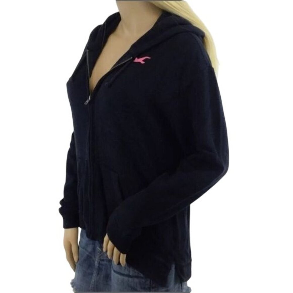 NWT Hollister by Abercrombie Navy Blue & Pink Logo Zip Up Hoodie Sweater Jumper - Picture 2 of 5